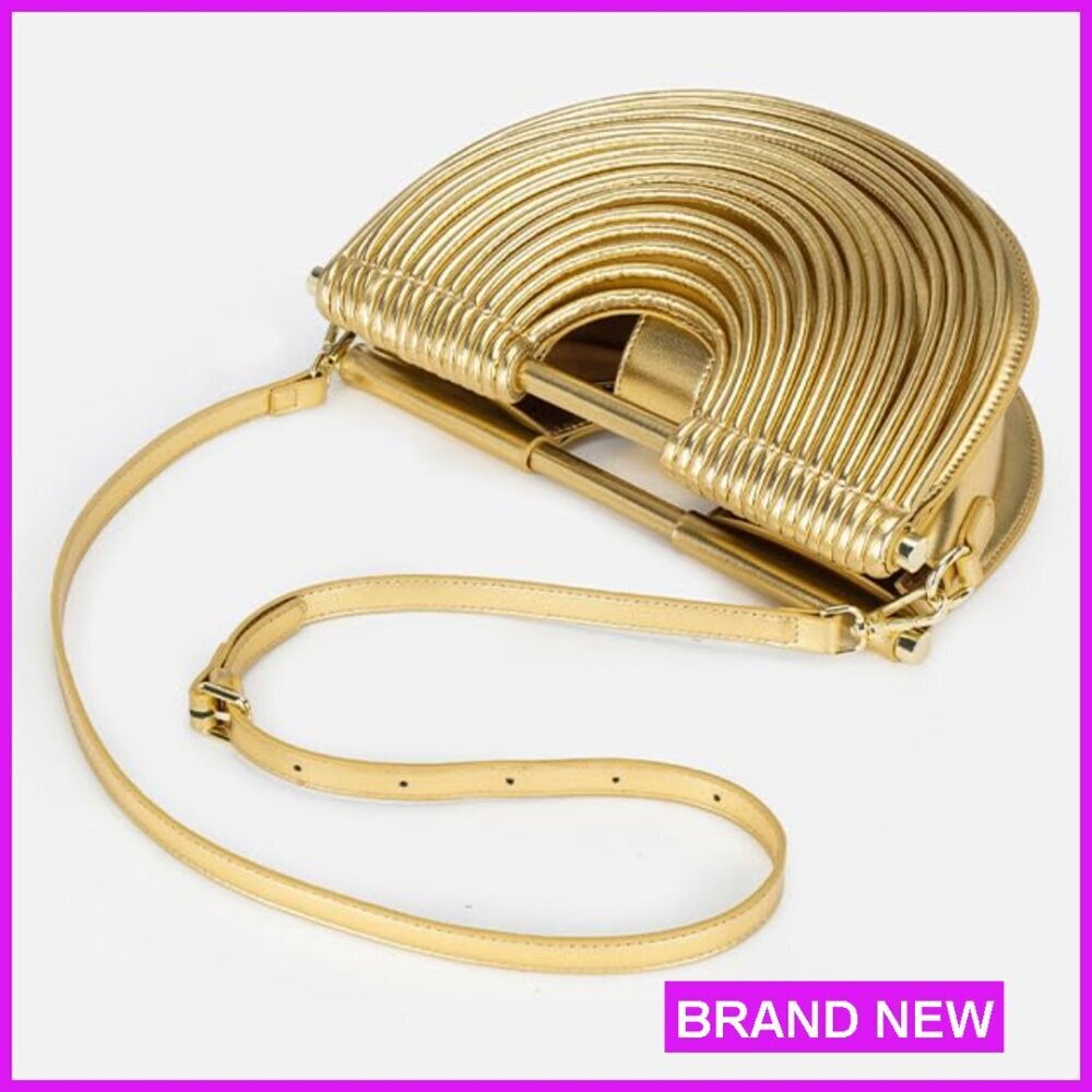 Gold Evening Clutch Crossbody Bag Top Handle Satchel PU Leather Elegant - Picture 6 of 7